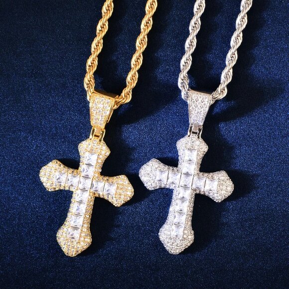 Iced Out Gold & Silver Color Cross Pendant For Men with Rope Chain - Picture 4 of 9